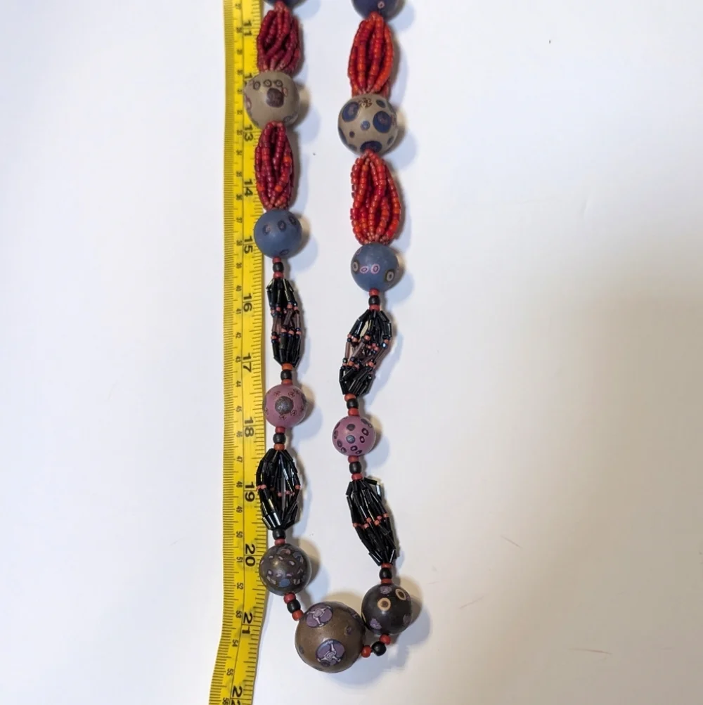 Handcrafted Hand painted Artistic Long‎ Beaded Necklace Multi color 22" - Picture 7 of 7